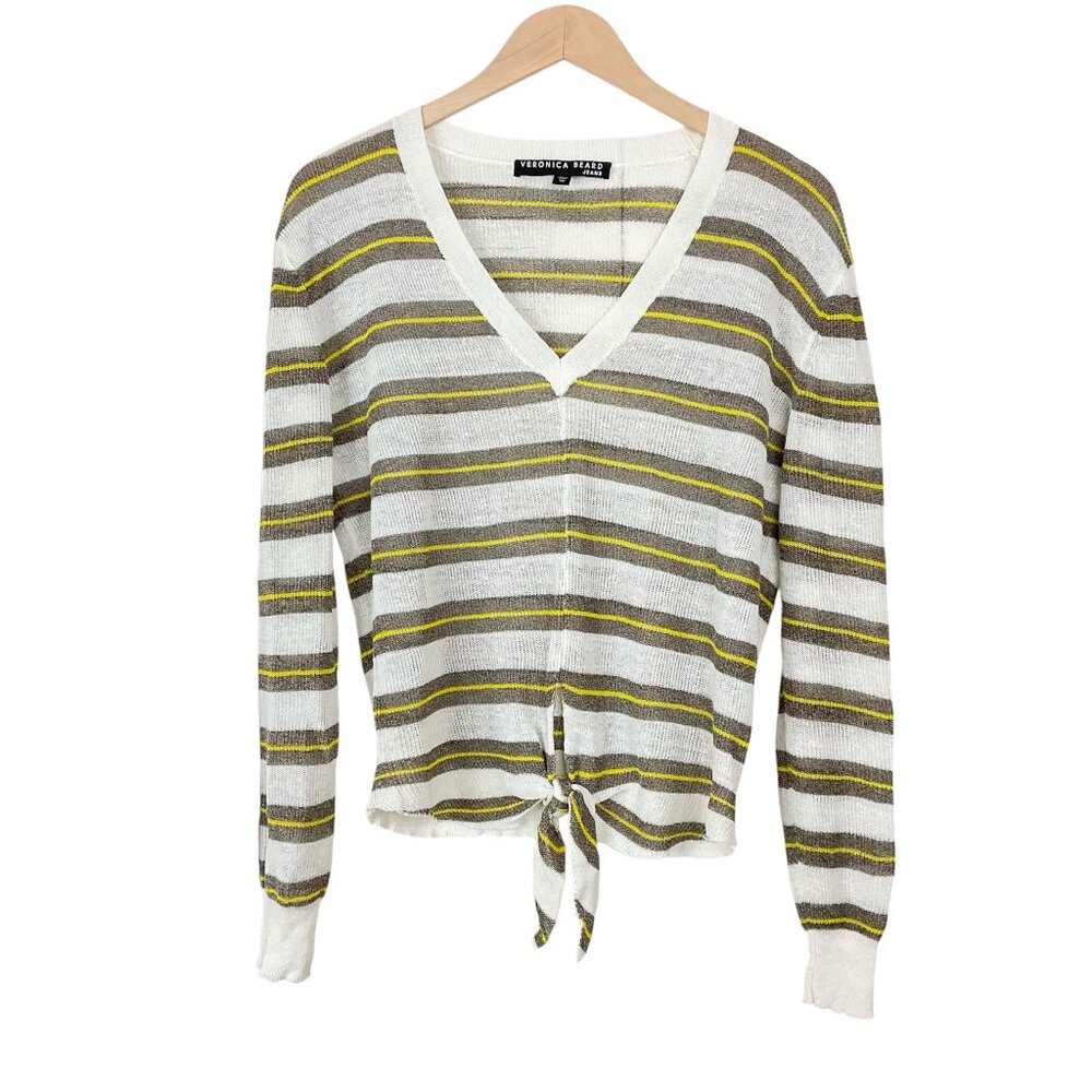 Veronica Beard Jeans Arthur Tie Hem Striped Linen Sweater Size XS